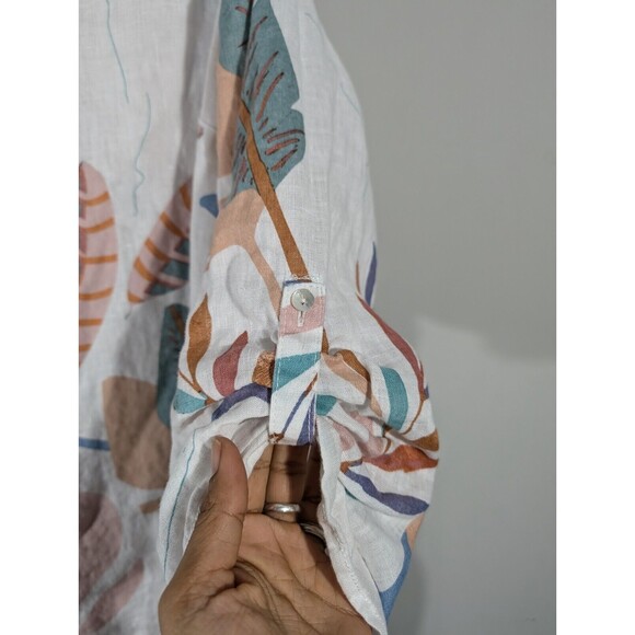 Cynthia Rowley Linen Top Women Plus 1X White Floral Roll Tab Sleeves Tunic - Picture 6 of 7